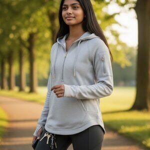 Athleta Hoodie Pullover Medium Gray Stripe 1/2 Zip Thumbholes Activewear Size M